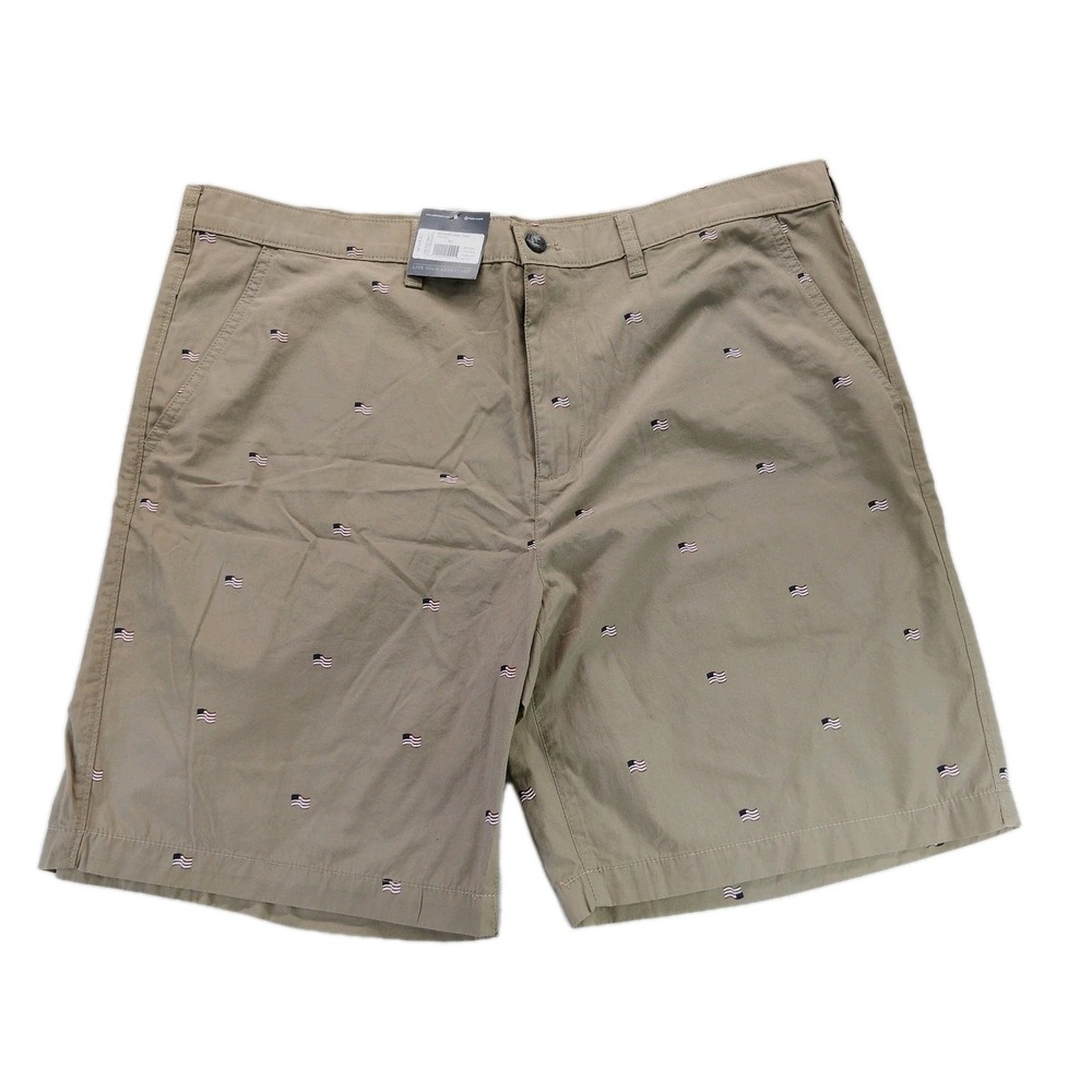 Eddie Bauer Shorts Mens Size 40 Khaki Tan Chino USA Flag Embroidered Casual NWT